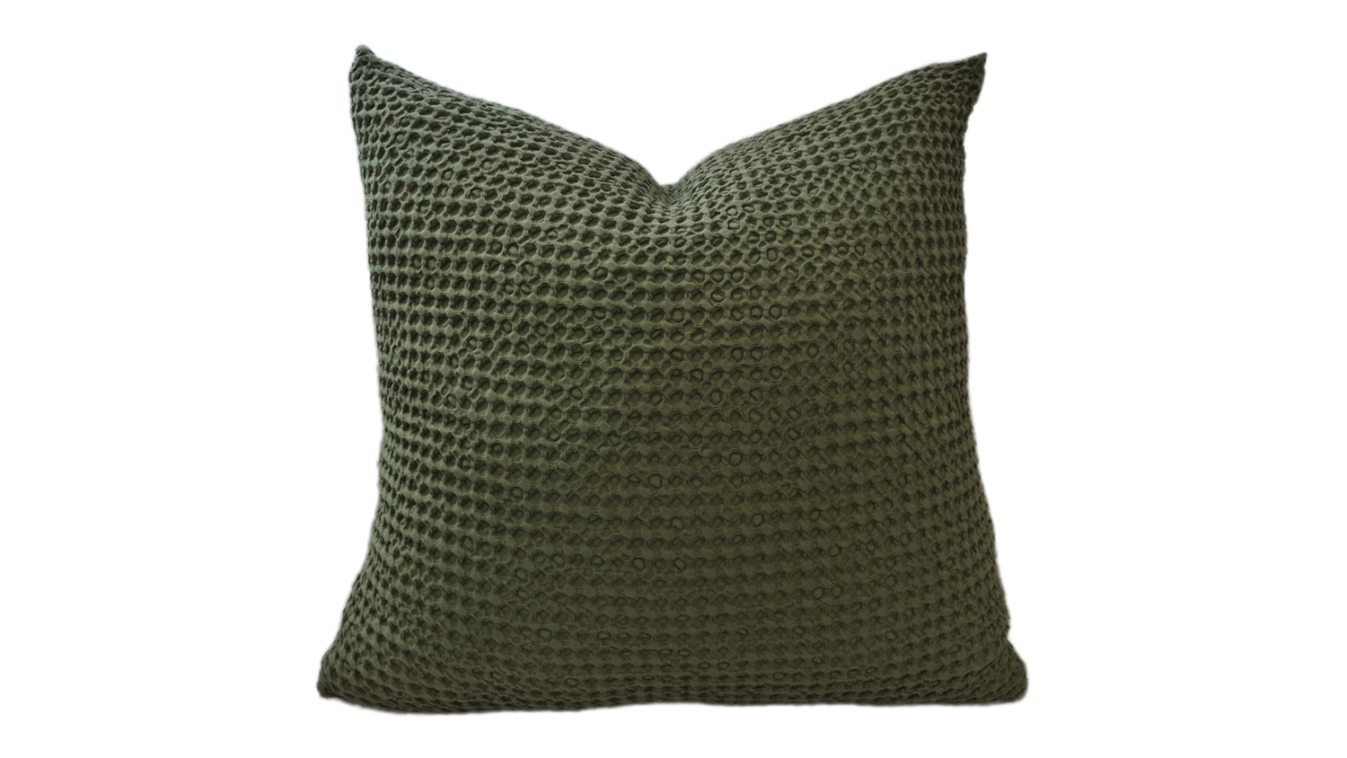 Soft olive-coloured cushion with a feather-filled interior, featuring a textured surface and waffle-like pattern